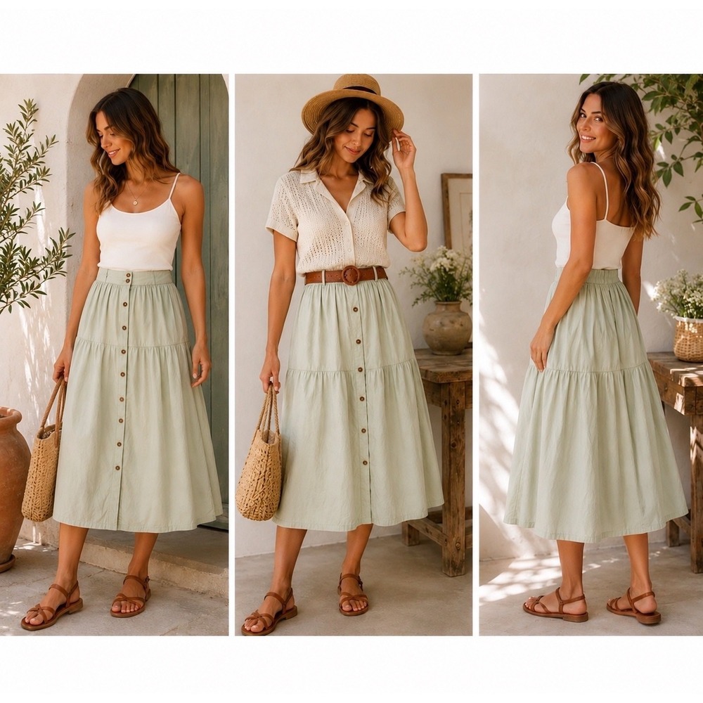 SIM & SAM Tiered Midi Skirt Womens M Sage Green Button Front Cotton Lined Boho
